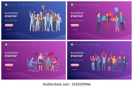 Teamwork and success work, brainstorming and winner worker, flat design of people in casual clothes, creative and strategy business startup vector. Website or webpage, start up landing page flat style
