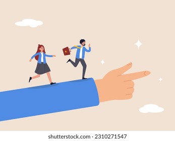 Teamwork to success in work. Leadership to lead team members, business direction to achieve goal or target, businessman leader holding winner flag running lead business people on pointing finger.