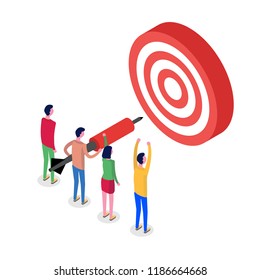 Teamwork, successful goal isometric concept. Target and arrow. Vector illustration.