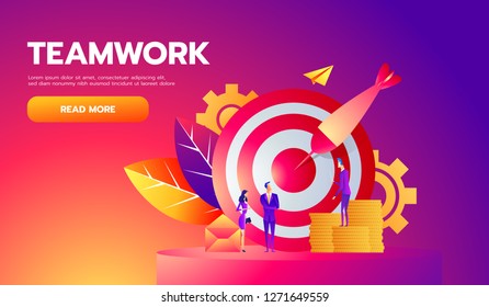 Teamwork, successful goal isometric concept. Target and arrow. Vector illustration