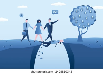 Teamwork, successful group of businessmen overcomes gap between rocks. Manager or employee helps team overcome an obstacles and crisis. People moving to money goals and financial targets. flat vector