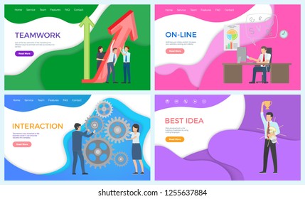 Teamwork successful team working on problem solving vector. Best idea of businessman leader holding prize, interaction with employees, online plan