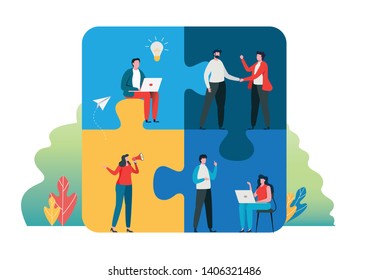 Teamwork successful together concept. Marketing content. Business People Holding the big jigsaw puzzle piece. Flat cartoon illustration vector graphic design on white background. Landing page template