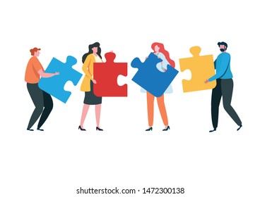 Teamwork successful together concept. Marketing content. Business People Holding the big jigsaw puzzle piece. Flat cartoon illustration vector graphic design on white background. Landing page template