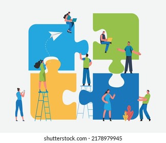 Teamwork successful together concept. Marketing content. Harmonious business people Holding the big jigsaw puzzle piece. Flat cartoon illustration vector graphic design on white background.