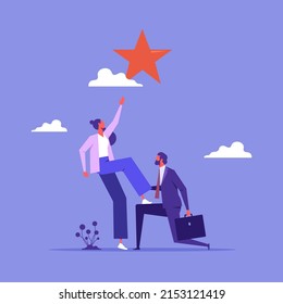 Teamwork or support to achieve business goal, partnership or manager mentorship to help success concept, businessman manager support colleague to stand on his knee to reach target