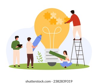 Teamwork and support in business solution vector illustration. Cartoon tiny people pushing puzzle pieces into bright big light bulb, holding marker and ruler to design project, solve work problem