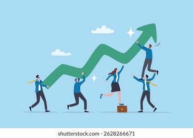 Suporte ao trabalho em equipe, colaboração para o sucesso da equipe, ajuda de colegas ou esforço para progredir para a realização, cooperação, conceito de sinergia, colegas de funcionários ajudam a carregar a seta de sucesso crescente.