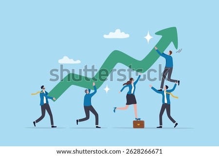 Teamwork support, collaboration for team success, colleague helping or effort to progress to achievement, cooperation, synergy concept, business people colleague help carry growing success arrow.