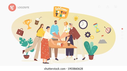 Teamwork Support Landing Page Template. Colleagues Character around of Desk Connecting Hands. Successful Business Deal or Contract Signing, Office Team Triumph. Cartoon People Vector Illustration