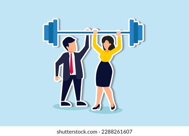 Teamwork to support for success, cooperate or collaboration to achieve strength, help or togetherness for business solution concept, business people office team help lifting heavy weight successfully.