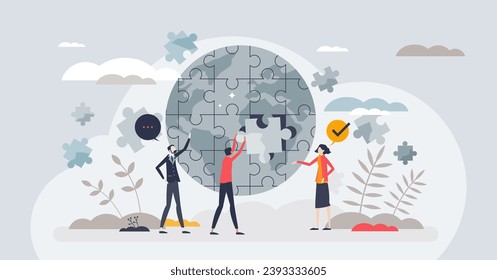 Teamwork in sustainability and make green future together tiny person concept. Social work and nature friendly community with strong partnership and collaboration for clean planet vector illustration