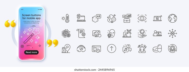 Teamwork, Swipe up and Project deadline line icons for web app. Phone mockup gradient screen. Pack of 5g notebook, Online education, Qr code pictogram icons. Vector