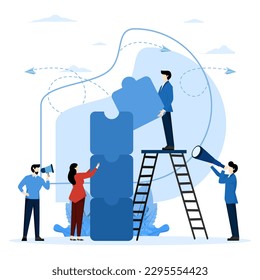 Teamwork symbol, cooperation, partnership vector jigsaw puzzle is a great element of teamwork and idea search. people puzzle connecting elements. Vector illustration flat design style.