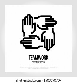 Teamwork symbol. Four hands holding each other. Business partners, collaboration thin line icon. Vector illustration.