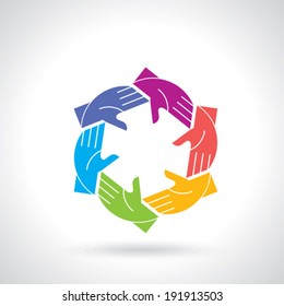 Teamwork symbol. Multicolored hands