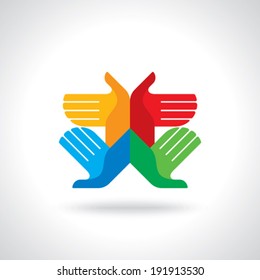 Teamwork symbol. Multicolored hands