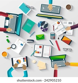 Teamwork at table, business strategy, statistic, web analytics. Working process of day with the help of digital devices