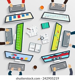 Teamwork at table, business strategy, statistic, web analytics
