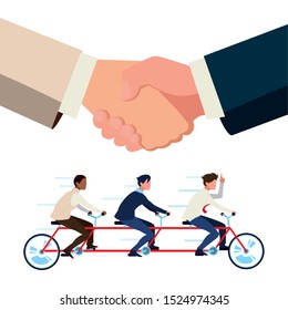 teamwork in tamden bicycle and handshake vector illustration design
