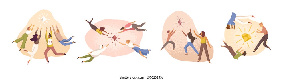 Teamwork, target aspiration vector illustrations set. Team, cooperation and competition, striving for goal concept. Company staff, colleagues, people reaching for crystal cartoon characters.