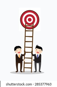 Teamwork for target. Businessman climbs a ladder in target.