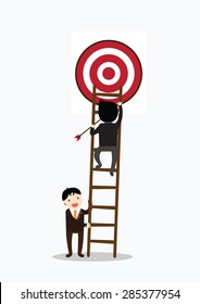 Teamwork Target Concept	Teamwork for target. Businessman climbs a ladder in target.