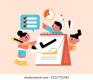 Trabalho em Equipe e Gerenciamento de Tarefas Ilustração do Conceito com Pessoas Concluindo Lista de Verificação, Programação de Planejamento, Produtividade e Projeto Fluxo de Trabalho Design Simples