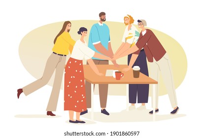 Teamwork, Team Bonding Concept. Office Colleagues Character Connecting Hands around of Desk before or after Successful Business Deal or Contract Signing, Support. Cartoon People Vector Illustration