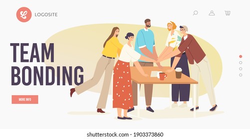 Teamwork, Team Bonding Landing Page Template. Office Colleagues Character Connecting Hands around of Desk. Successful Business Deal or Contract Signing, Support. Cartoon People Vector Illustration