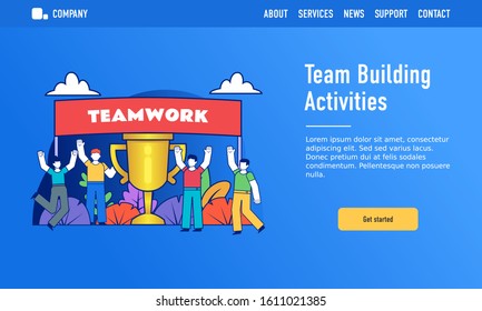 Teamwork, team building activities or games concept. Small people stand near big golden cup and celebrate. Modern design vector illustration. Web landing page template