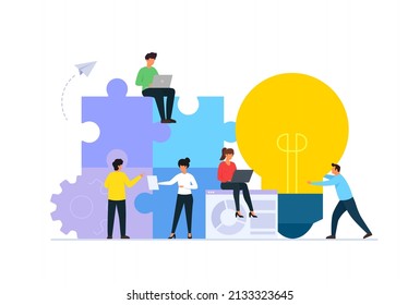 Teamwork. Team building and business partnership concepts. People connecting pieces of puzzles. Vector illustration of business metaphor.