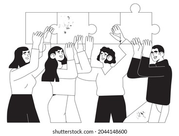 Teamwork and team building concept. Cartoon characters or coworkers assembling jigsaw puzzle. Coworking and business partnership or management concept. Businessmen and businesswomen cooperation.