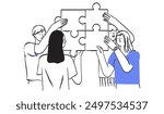 Teamwork team building concept. People connect jigsaw puzzle pieces together, employee make corporate business goal successful solution in collaboration, create company unity. Line vector illustration