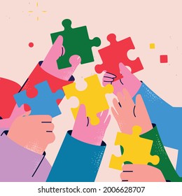 Teamwork and team building, corporate organization and partnership, problem solving, creative solution, innovative business approach, brainstorming, unique ideas and skills flat vector illustration