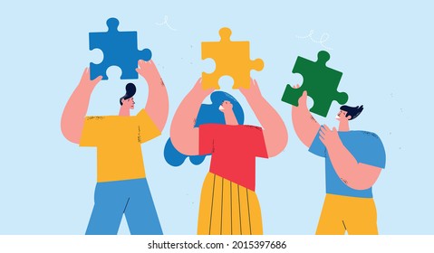 Teamwork and team building, corporate organization and partnership, problem solving, creative solution, innovative business approach, brainstorming, unique ideas and skills flat vector illustration