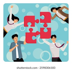Teamwork and team building. Coworkers assembling jigsaw puzzle.  Flat vector modern illustration 