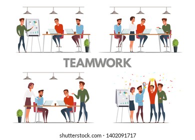 Teamwork, team building flat illustrations set