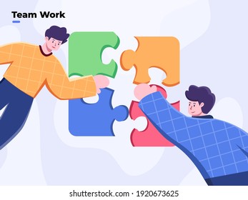 Teamwork and team building flat style vector illustration. Team metaphor. People connecting puzzle. Business person assembling jigsaw puzzle. Solve business problem together. Working Together.