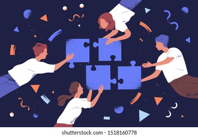 Teamwork and team building flat vector illustration. Coworkers assembling jigsaw puzzle cartoon characters. Coworking and business partnership concept. Businessmen and businesswomen cooperation.