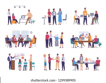 Teamwork or team building, office business meeting vector. Conference and brainstorming, annual report and statistics graphics, discussion and planning in flat style