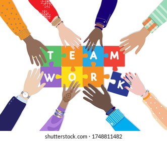 Teamwork, team building vector  banner.  Collegues, friends solve 
 the puzzle together, hands with pieces. International diverse group support, diversity effectiveness. Isolated on white background.