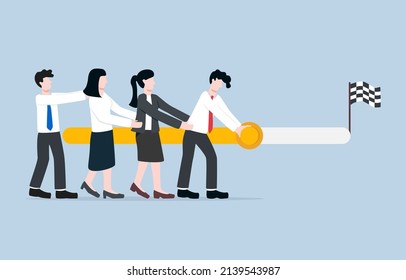 Teamwork or team effort to finish project or succeed business target. Team driving force on working progress concept. Employees collaborate to push progress button toward end of bar.