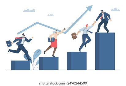 Teamwork, Team friendship, Support or mentoring to achieve business success, Partner helps achieve goals, Businessman helping his teamwork moving up to growth. Vector design illustration.