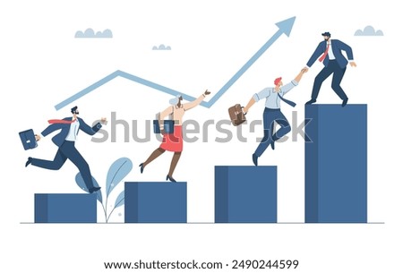 Teamwork, Team friendship, Support or mentoring to achieve business success, Partner helps achieve goals, Businessman helping his teamwork moving up to growth. Vector design illustration.