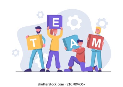 Teamwork. The team holds the cubes with the word team