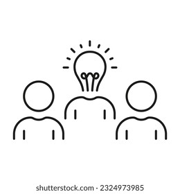 Teamwork, Team and Lightbulb Line Icon. Solution, Idea, Innovation Linear Pictogram. Creative Community with Light Bulb Instead Of Head Outline Symbol. Editable Stroke. Isolated Vector Illustration.