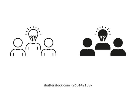 Teamwork, Team and Lightbulb Line and Silhouette Icon Set. Solution, Idea, Innovation Pictogram. Creative Community with Light Bulb Symbol. Editable Stroke. Isolated Vector Illustration.