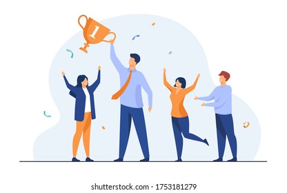 Teamwork and team success concept. Best employees winning cup, celebrating victory. Flat vector illustration for leadership and career achievement topics