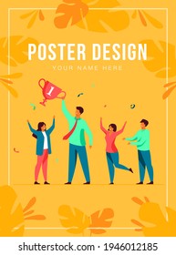 Teamwork and team success concept. Best employees winning cup, celebrating victory. Flat vector illustration for leadership and career achievement topics